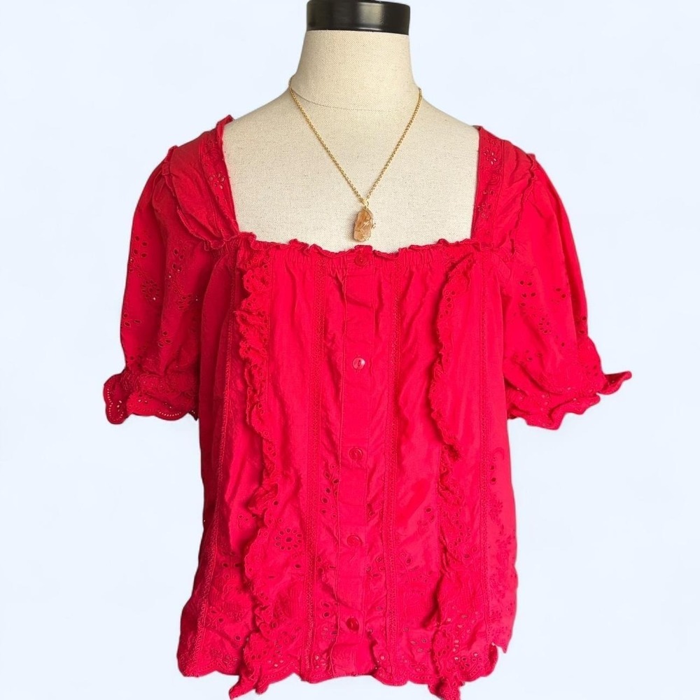 Jennifer & Grace Red Eyelet Ruffle Blouse Square Neck Short Puff Sleeve Medium